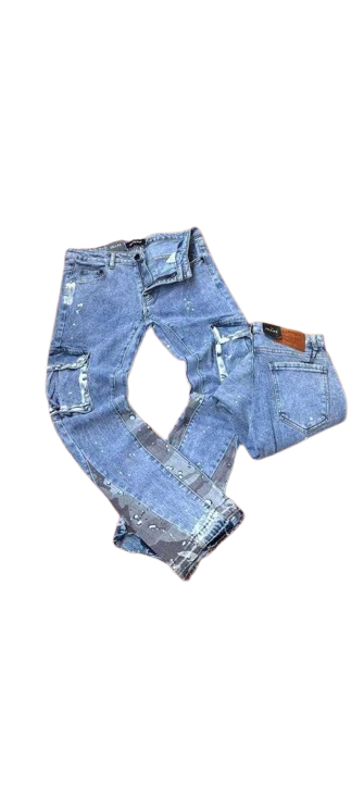 Acid-Wash Camo Paneled Cargo Flare Jeans